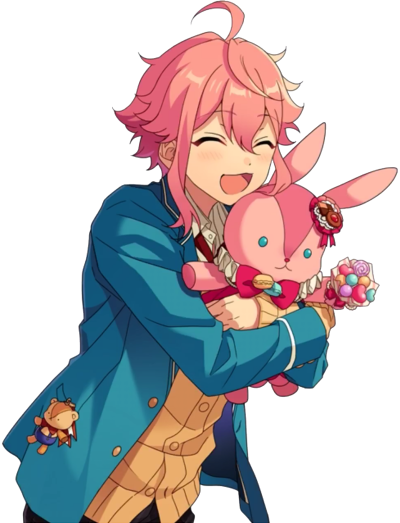 Image render of Tori's Dream À la Mode unbloomed CG. He is holding a pink stuffed rabbit