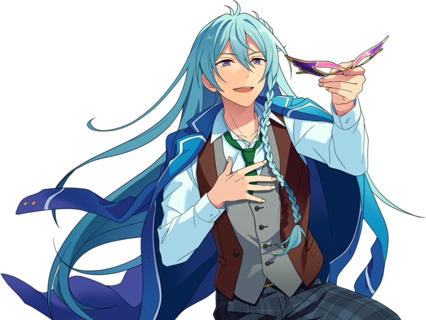 Image render of Hibiki Wataru's Mask's Purpose unbloomed CG. He is kneeling and holding out his mask.